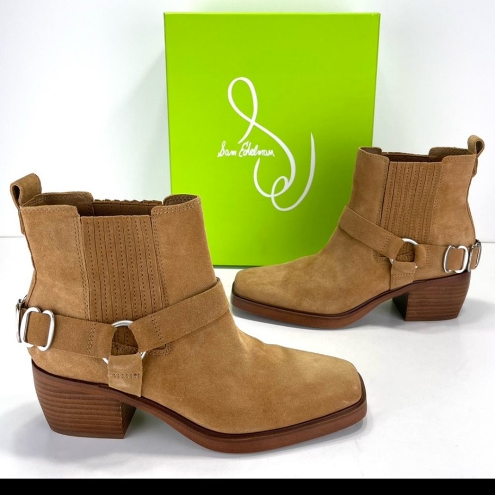 SAM EDELMAN BELLAMIE CAMEL SUEDE WESTERN HARNESS ANKLE BOOTS/BOOTIES🆕 7.5